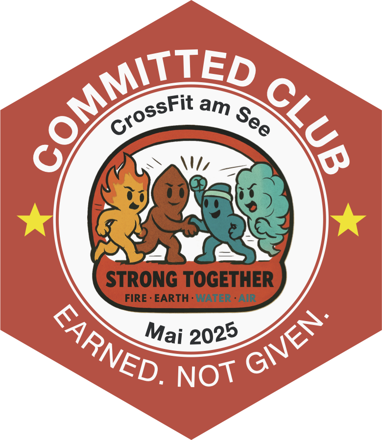 Committed-Club-Abzeichen Februar 2026: vier Comicfiguren für Feuer, Erde, Wasser und Luft mit dem Schriftzug Strong Together