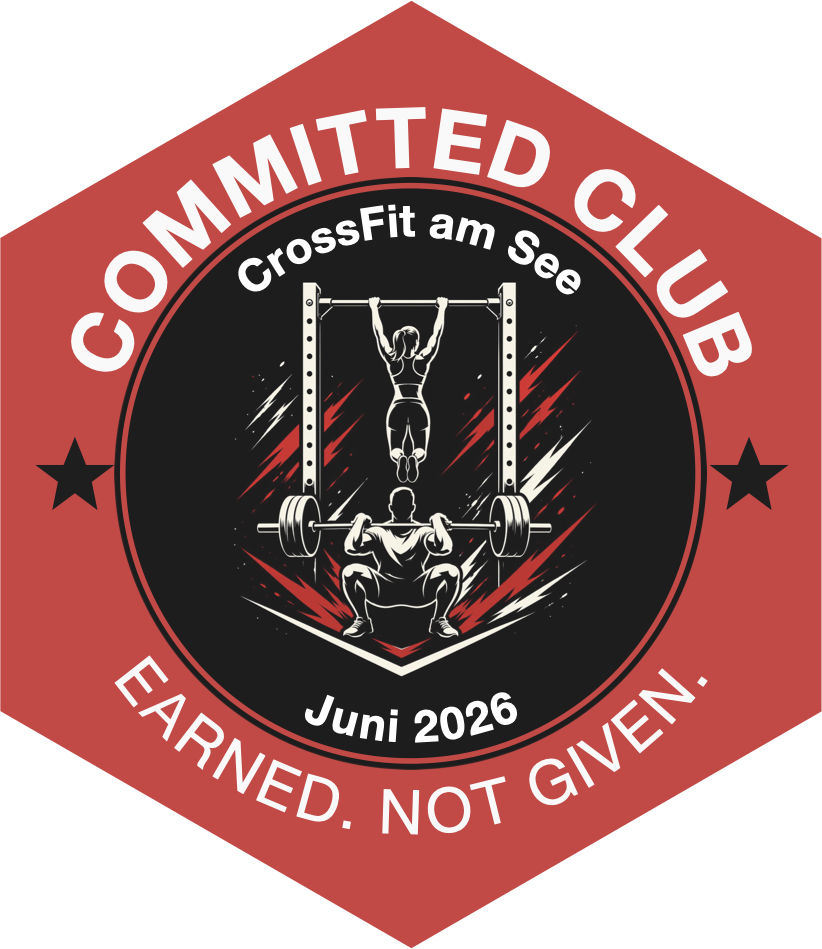 Committed-Club-Abzeichen Juni 2026: Athlet an der Klimmzugstange und Athlet mit Langhantel als Illustration